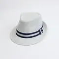 Detailed view of white woven fedora hat with blue and grey striped ribbon band - M (56-58cm) / Navy Double-Tone Band - Natural White