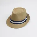Detail of breathable paper straw fedora with blue and white striped decorative band - M (56-58cm) / Navy Double-Tone Band - Solid Khaki