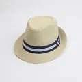 Detailed close-up of woven straw fedora hat texture with navy and grey striped band - M (56-58cm) / Navy Double-Tone Band - Solid Beige