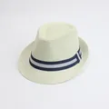 Close-up of woven straw texture and blue-grey striped ribbon on a cream fedora hat - M (56-58cm) / Navy Double-Tone Band - Solid Cream White