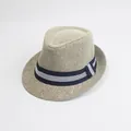 Detail of woven paper straw fedora hat featuring a stylish blue and gray striped band - M (56-58cm) / Navy Double-Tone Band - Mixed Khaki