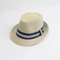 Detail view of woven beige fedora hat with blue and gray striped grosgrain ribbon band - M (56-58cm) / Navy Double-Tone Band - Mixed Beige