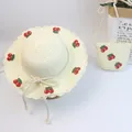 Cute children straw sun hat and matching bag set with knitted cherry appliques for girls - Size S (52cm) / Hat and Bag Set / Cream