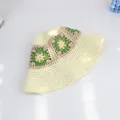 Handmade crochet straw bucket hat in cream with pink and green sunflower embroidery - M (58cm) / Milk White