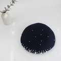 Detail of navy wool beret with white pearls and rhinestones on white background - M One Size (54-58cm) / Navy Blue