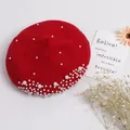 Béret femme en laine rouge élégant orné de perles blanches et de strass scintillants - M Taille Unique (54-58cm) / Rouge