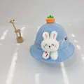 Detail of blue knit baby bucket hat with plush bunny, carrot decor and Hello embroidery - S(46-48cm) / Sky Blue