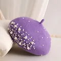 Purple wool beret for women featuring delicate white pearls and sparkling rhinestones - M One Size (54-58cm) / Purple