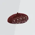 Elegant wine red wool beret for women featuring faux pearls and sparkling rhinestones - M One Size (54-58cm) / Caramel color