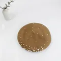 Camel wool beret for women featuring decorative white pearls and sparkling rhinestones - M One Size (54-58cm) / Camel