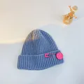 Blue-purple cable knit toddler beanie featuring a pink smiley face pin detail - S (48-53cm) / Gray Blue (Rose Pin)