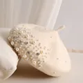 Elegant cream wool beret for women featuring white faux pearls and shiny rhinestones - M One Size (54-58cm) / Milky White