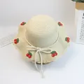 Beige wide brim straw hat for girls with cute crochet cherries and wavy edge design - Size S (52cm) / Hat Only / Beige