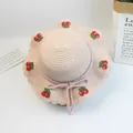 Kids wide brim straw hat with pink bow and cherry decor for sun protection - Size S (52cm) / Hat Only / Pink
