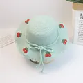 Mint green woven straw sun hat for girls with cute knitted cherries and lace trim - Size S (52cm) / Hat Only / Green