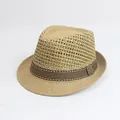 Classico cappello di paglia da uomo marrone chiaro con maglia traspirante e nastro - M / Semi-vuoto / Cachi