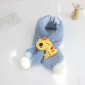 Detail of plush lamb wool scarf with yellow giraffe doll and white pom-poms for kids - Sky Blue