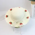 Kids cream straw hat with cute cherry crochet and wavy brim for sun protection - Size S (52cm) / Hat Only / Cream
