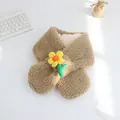 Close-up of plush brown winter scarf with a cute yellow and orange flower decoration - Single Scarf / Coffee