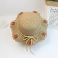 Khaki woven straw sun hat with cherry crochet patches and wavy scalloped brim - Size S (52cm) / Hat Only / Khaki