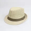 Cappello Fedora traspirante in paglia color crema da uomo con nastro a righe marroni - M / Semi-vuoto / Beige