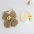 Detail of plush brown scarf and ribbed knit hat with 3D floral accents for girls - Hat And Scarf Set / Coffee