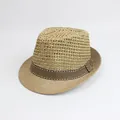 Men's breathable mesh straw fedora hat with striped ribbon detail and hollow crown - M (56-58cm) / Full Hollow Grid - Khaki