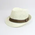 Breathable cream fedora summer hat with a classic striped ribbon band for men - M (56-58cm) / Full Hollow Grid - Cream White