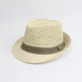Men's breathable mesh straw fedora hat in beige with brown striped decorative band - M (56-58cm) / Full Hollow Grid - Beige