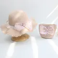 Detail of pink straw hat and matching bag with lace flower and pearl mesh bow - Single Hat / Sequin Mesh Bow - Pink