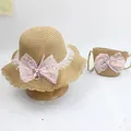 Detailed set of straw sun hat and matching bag with mesh bow and pearls for girls - Single Hat / Sequin Mesh Bow - Khaki