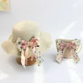 Strohhut und passende Handtasche Set mit Blumenschleife für Mädchen im Sommerurlaub - Einzelner Reißverschlussbeutel (14*12cm) / Blumenschleife-Beige