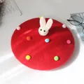 Berretto rosso di lana per bambina con testa di coniglio 3D e pompon colorati - S Bambini (49-53cm) / Coniglietto Bianco / Rosso