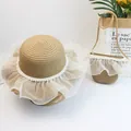 Kinder Strohhut und Taschen Set mit Organza-Rüschen und Perlen für Mädchen - Kinder S (52cm) / Khaki Hut Und Tasche