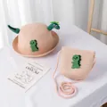 Detail of pink straw sun hat and matching bag with cute green dinosaur embroidery - Single Hat / Pink