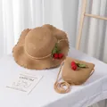 Kids straw sun hat and matching crossbody bag set with red cherry decor for summer travel - Kids Style (Size S) / Khaki