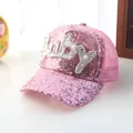 Pink sequin baseball cap for girls with pearl baby lettering and mesh back design - Pink