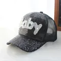 Kids black mesh baseball cap with shiny sequins and pearl-beaded baby letter patch - Black