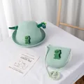 Detail of mint green dinosaur straw sun hat and matching crossbody bag for kids - Single Hat / Green