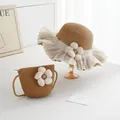 Mädchen Strohhut mit Spitzenbesatz und passender floraler Umhängetasche für Kinder - Beige Inselblume - Khaki