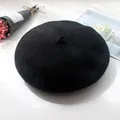 Classic black wool blend beret with top stem, minimalist vintage style on white desk - S Kids (48-52CM) / Black