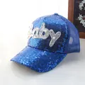 Sparkly bright blue sequin baseball cap for girls with 3D Baby pearl lettering - Sapphire Blue
