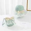 Detail of mint green straw hat and matching lace bag set with ribbon bow decoration - Small Bag Only (14x12cm) / Green (Wide Style Decoration)