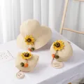 Matching straw sun hat and handbag set with sunflower accents for beach summer outings - Round Crossbody Bag / 15x5.5cm / Beige