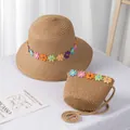 Strohhut für Mädchen und passende Umhängetasche mit bunten Blumenstickereien - Khaki