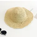Beige wide-brim woven straw sun hat with wavy edges and bow decoration for summer - Kids Size / Vertical Grain Style / Beige