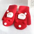 Red Christmas knitted mittens for kids with 3D Santa Claus patches and fuzzy pom-poms - M Adult Size / Santa Claus - Red