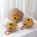 Kids wide brim straw hat and crossbody bags set with decorative sunflowers for beach trips - Round Crossbody Bag / 15x5.5cm / Khaki