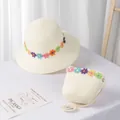 Detail von Strohhut und Mini-Tasche Set mit bunten Blumenstickereien für Mädchen - Kinder (S) / Strohhut / Creme