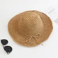 Handwoven khaki paper straw hat with a delicate bow tie for summer sun protection - Kids Size / Vertical Grain Style / Light Coffee